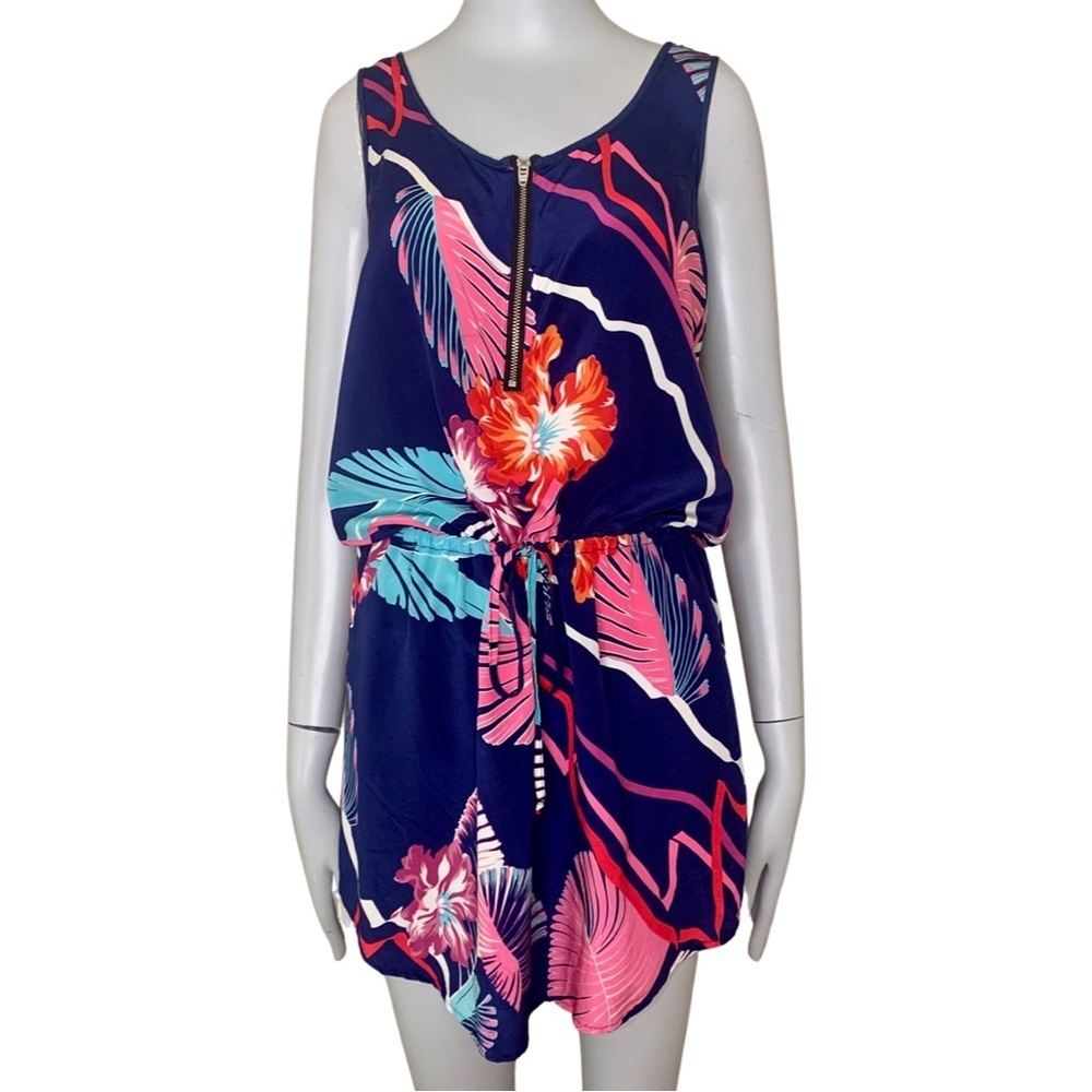 YUMI KIM 100% Silk Tropical Print Sleeveless Dress Drawstring Waist Zip Front